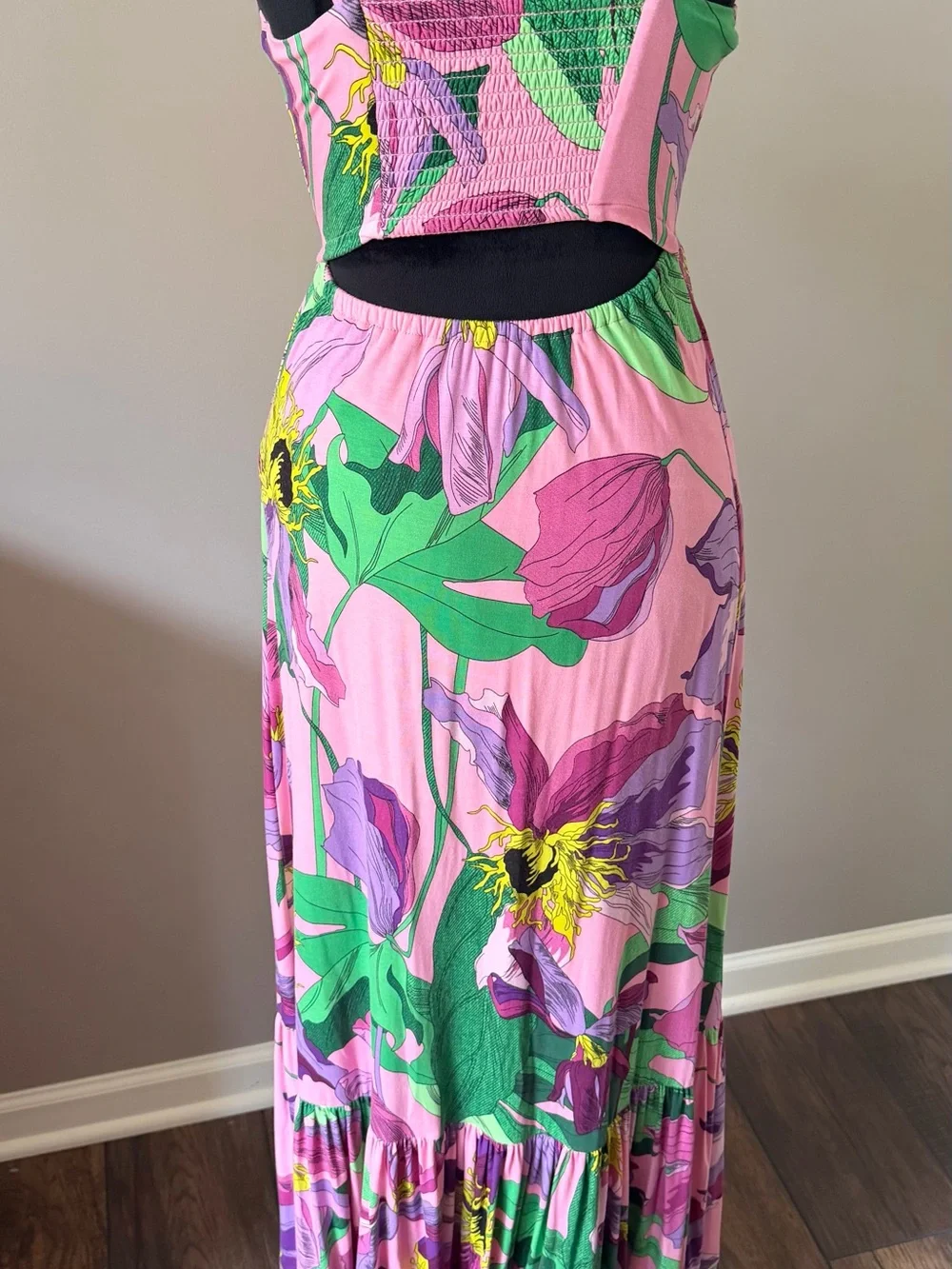 Express Pink Floral Spaghettie Strap Maxi Dress with Purple & Green Print XSmall